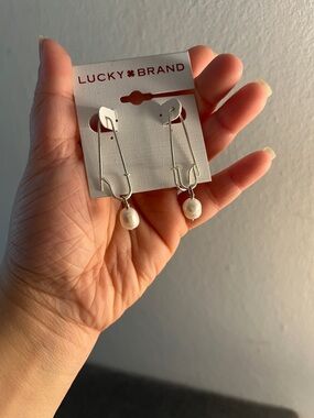 Lucky Brand Silver-Tone Safety Pin Pearl Drop Earrings